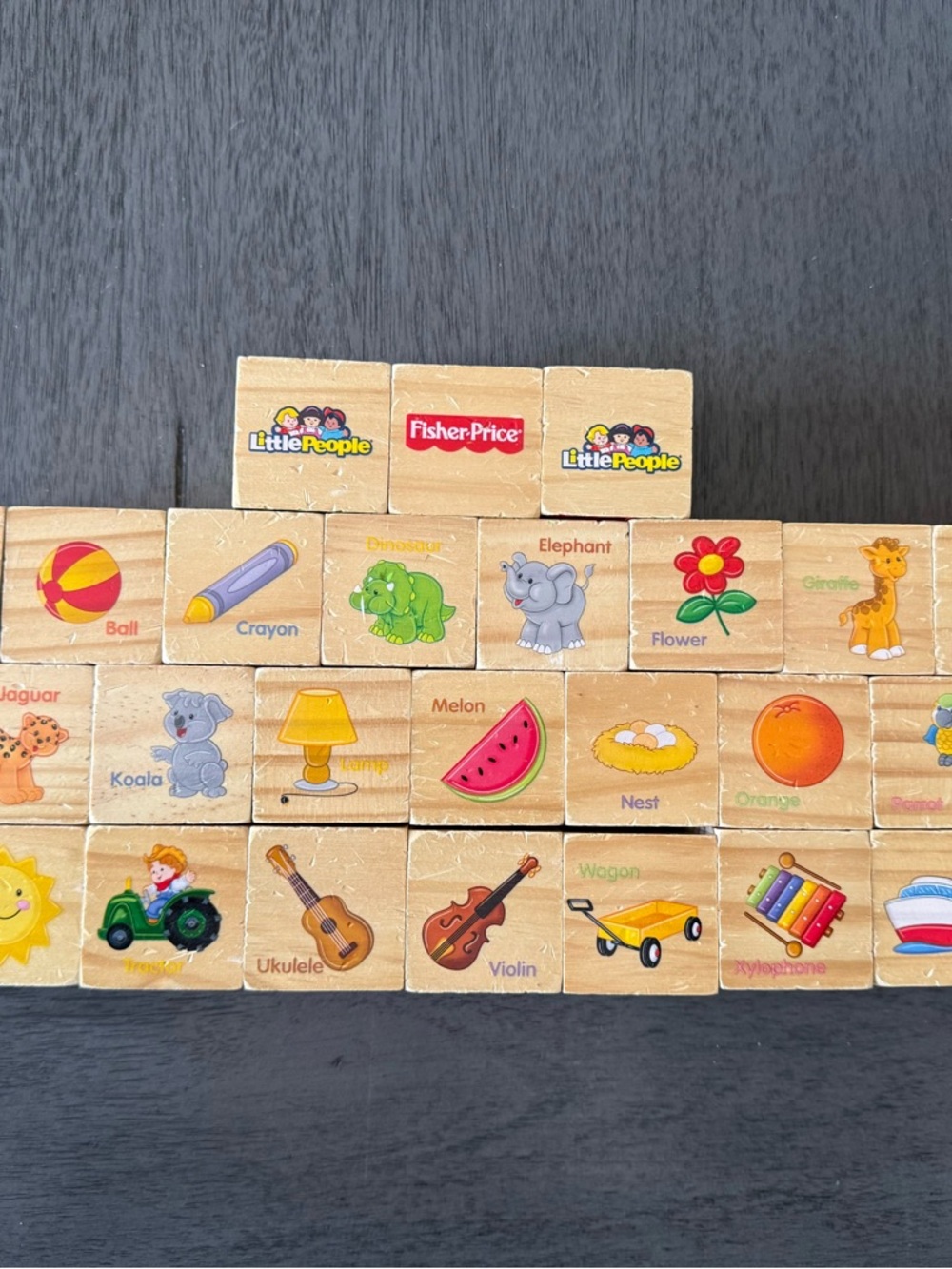 Fisher-Price Wooden Picture Blocks - Natural Wood with Red, Yellow, Green, Blue